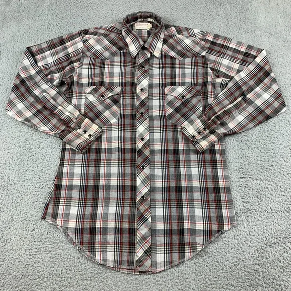 Vintage Wrangler Shirt Mens 15/33 Grey Plaid Western Pearl Snap 70's Made In USA - Picture 1 of 11